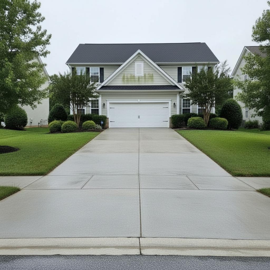 Illustrative example: the same home and driveway after pressure washing, the concrete clean and light gray