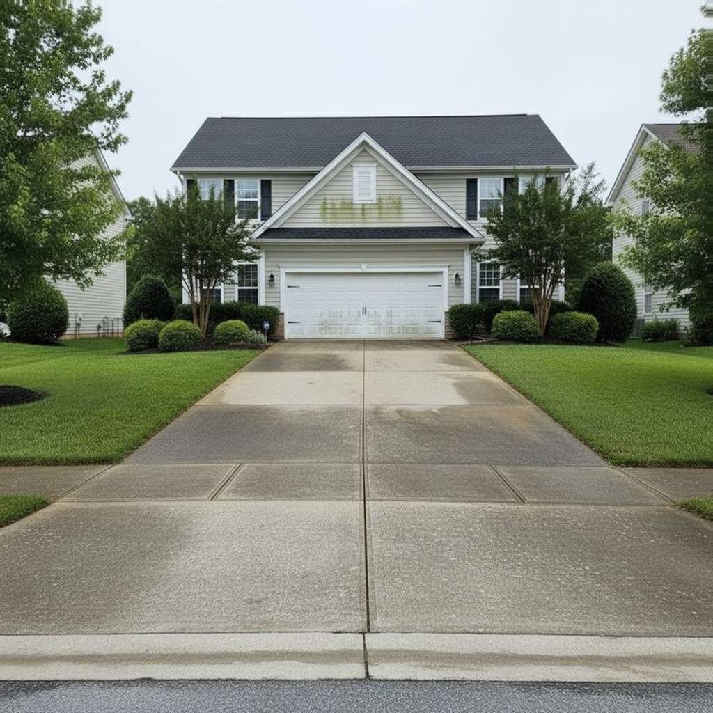 Illustrative example: a two-story home with a grime-stained concrete driveway before pressure washing