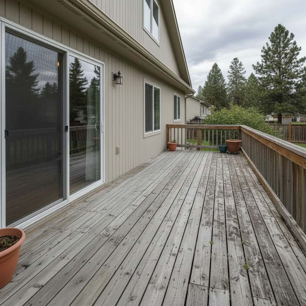 Illustrative example: a weathered gray wood deck before pressure washing