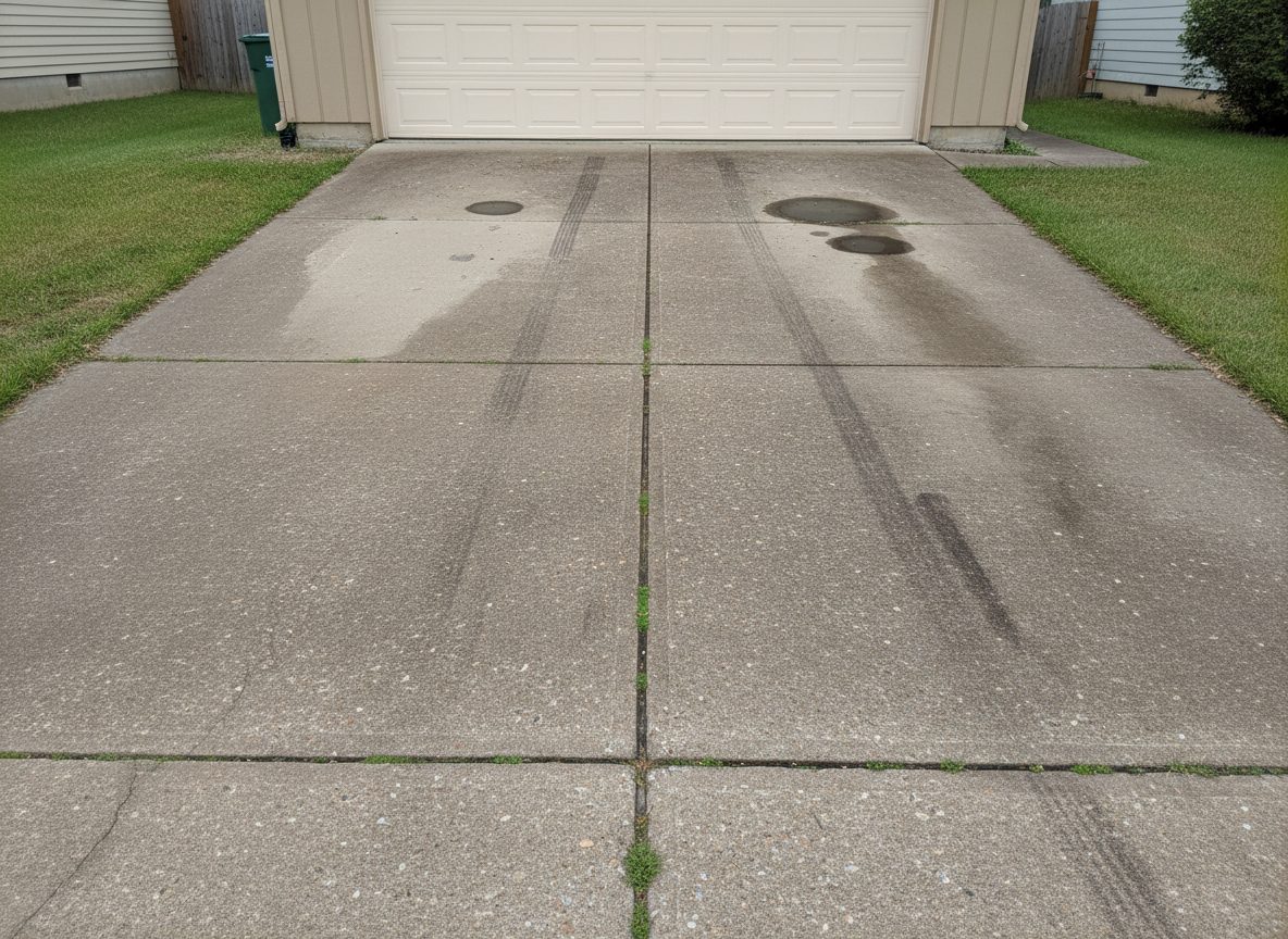 A Boise concrete driveway dark with grime, algae shading, tire marks and old oil stains before surface cleaning