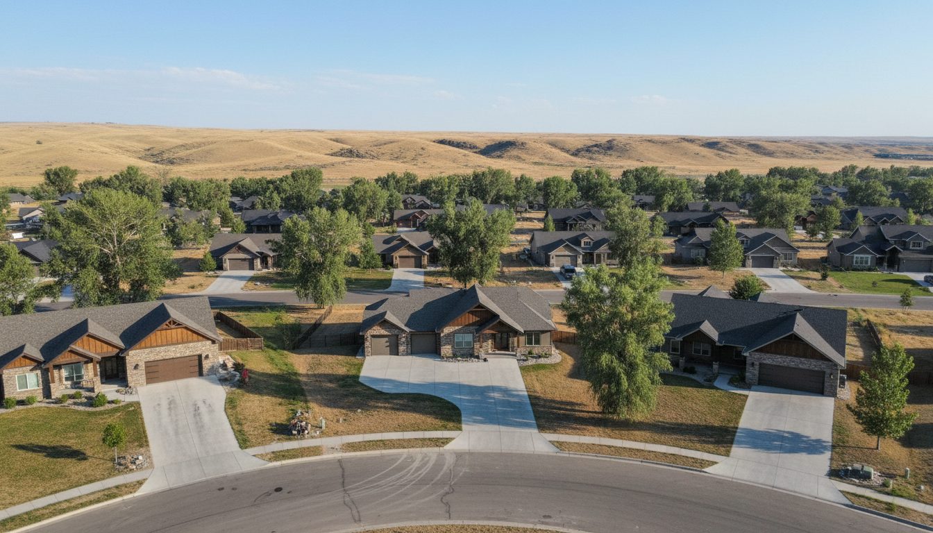Aerial view of an Eagle, Idaho neighborhood with large lots and long concrete driveways below the dry foothills