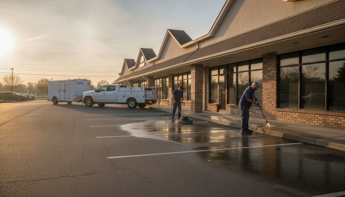 Clean commercial storefront and parking lot after professional pressure washing in Boise