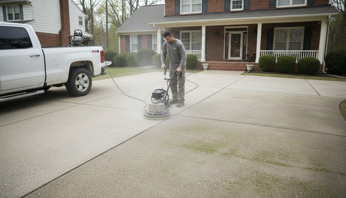 Clean Boise driveway concrete with oil stains and grime removed by pressure washing