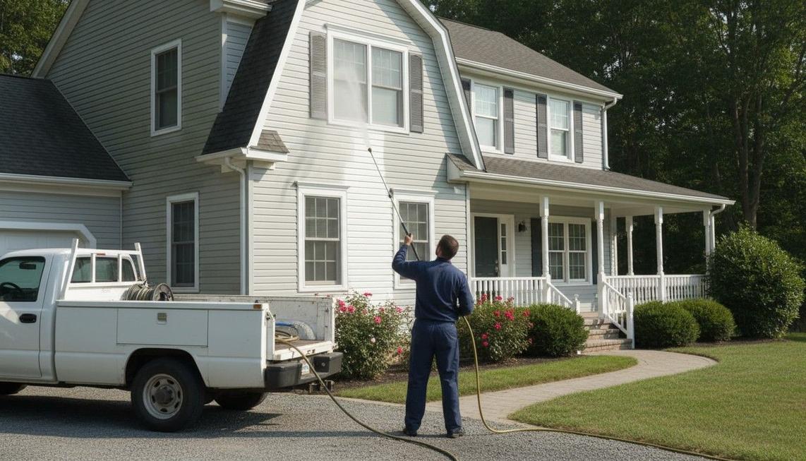 Clean residential house exterior with freshly pressure-washed white vinyl siding