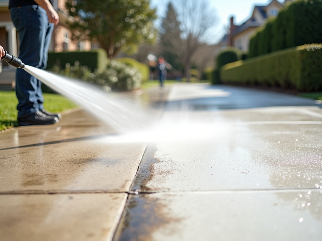 A pressure washer rinsing dust and grime off a residential concrete driveway in front of a Boise home
