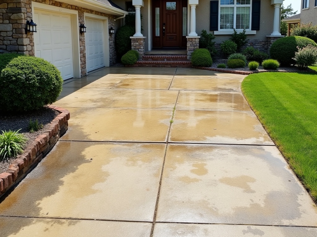 A gray, dust-stained concrete driveway before pressure washing